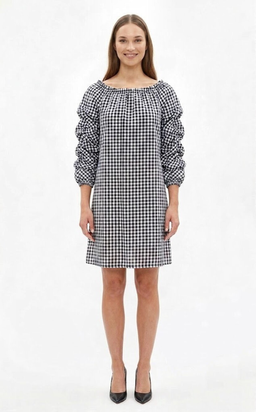Max Studio Gingham Dress Cotton Off Shoulder Ruched Sleeve Boho, Womens Size S